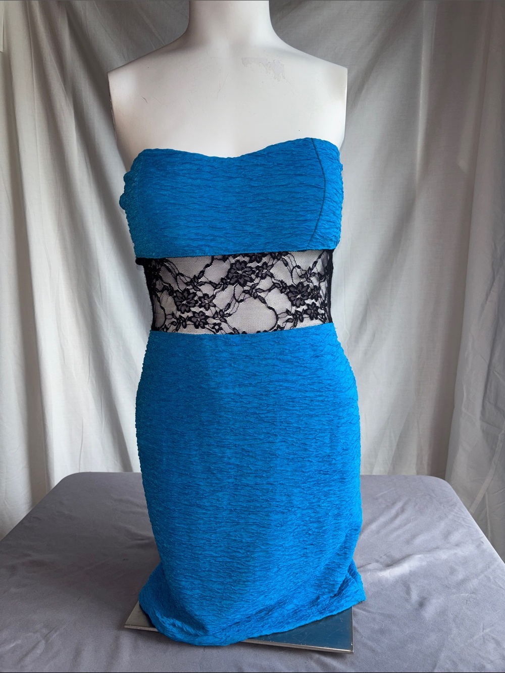 JuJu Strapless Electric Blue Bodycon Dress with Black Lace Waistband